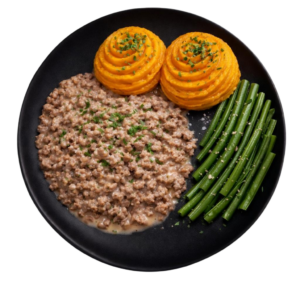 Hachis parmentier de boeuf purée de patate douce à l’huile de truffe et haricots croquants