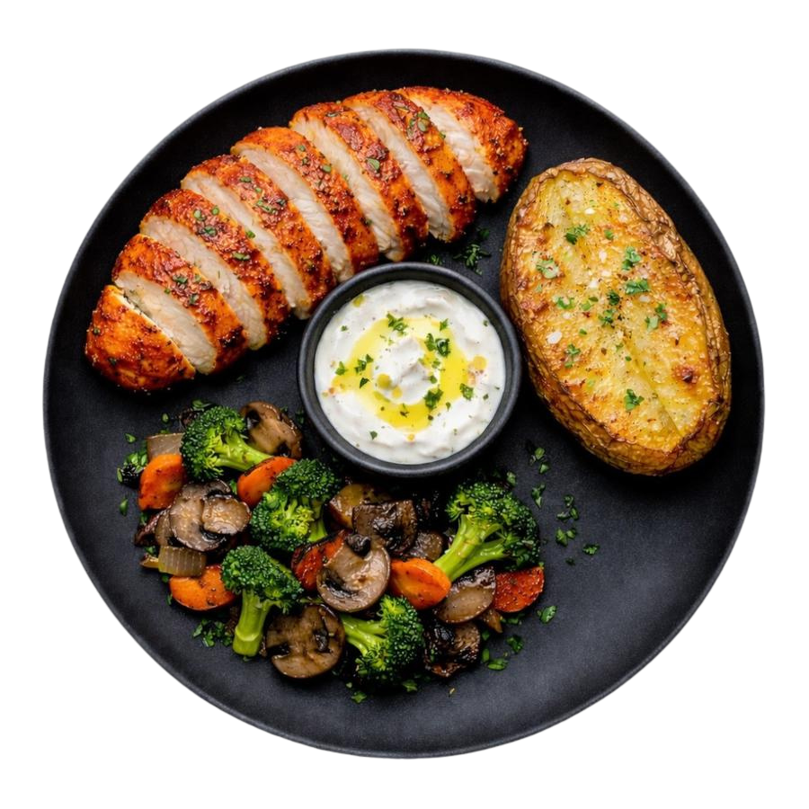poitrine de poulet rôti au paprika fumé et aux herbes, pomme de terre rôtie fondante, fleur de sel poêle de légumes, sauce yaourt citronnée
